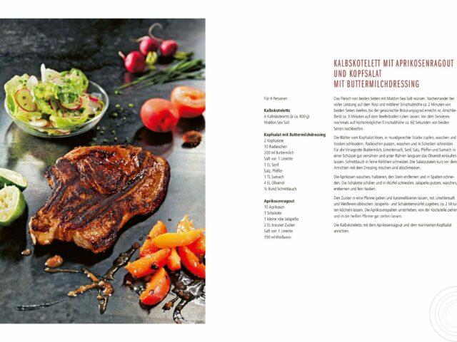 Kalbskotelett mit Aprikosenragout und Kopfsalat mit Buttermilchdressing © Murmelz